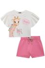 Conjunto Roupa Infantil Kukiê Blusa Boxy Em Meia Malha E Shorts Em Moletom Relevo Girafa Fofa