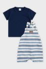 Conjunto Roupa Infantil Menino Jardineira Listrada + Camiseta Básica Gola Redonda Verão Marlan