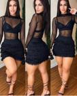 Conjunto Saia de Franja Preta e Body de Tule Feminino