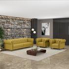 Conjunto Sala de Estar 1 Sofá Living 200cm e 2 Poltronas Stanford Chesterfield Pés Madeira Couro Bege Manchado G58 - Gran Belo