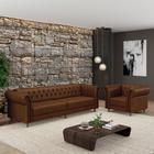 Conjunto Sala de Estar 1 Sofá Living 240cm e 1 Poltrona Stanford Chesterfield Pés Madeira Couro Marrom Manchado G58 - Gran Belo