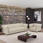 Conjunto Sala de Estar 1 Sofá Living 240cm e 1 Poltrona Stanford Chesterfield Pés Madeira Couro Off White G58 - Gran Belo