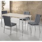 Conjunto Sala de Jantar Mesa Iza Tampo MDF/Vidro com 4 Cadeiras Natani Cromado/Cinza/Off White