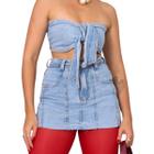 Conjunto Short Saia Jeans Claro + Cropped Laço