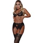 Conjunto Sutiã Sem Bojo Com Aro em Renda Calcinha Fio Dental Cinta Liga Strappy Sensual Sexy Preto