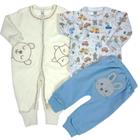 Conjunto trio Espevitados - body bebê longo branco carros, calça azul com bordado coelho e macacão cru com bordado - 3 peças