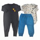 Conjunto trio Espevitados - body longo mescla estampado gatinhos, calça azul bordado gatinho e macacão preto bordado patinhas - 3 peças