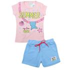 Conjunto Verão Menina Blusa Rosa e Short Azul Infantil Summer