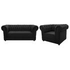 Conjuto Sofá Namoradeira e Poltrona Decorativa Capitonê Chesterfield Suede Preto Escritório Sala de Estar Consultório Recepção - AM Decor