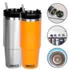 Copo Caneca Para viagem Térmico de Aço Inox com Tampa e Canudo - 850ml