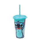 Copo Refri Stitch Disney com Tampa e Canudo 500ml Decoração Mesclada 1 UNIDADE - Plasútil