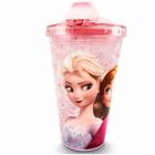 Copo Rosa Com Canudo E Tampa Gel Congelante Anna e Elsa Frozen 450ml - Disney