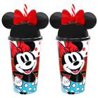 Copo Shake Infantil com Canudo e Orelhas da Minnie 500ML Kit com 2