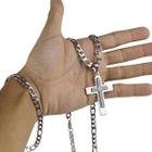 cordão aço inox corrente prata + pingente crucifixo pai nosso + pulseira religioso original presente