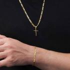 Corrente cordão masculino 60/70cm + pingente cruz + pulseira 3x1 banhado a ouro 18k mimoo joias