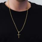 Corrente cordão masculino 70cm + pingente cruz banhado a ouro 18k mimoo joias
