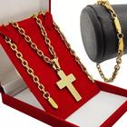 Corrente Masculina + Pingente Cruz + Pulseira Banho Ouro