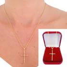 Correntinha Colar 45 cm Feminina Pingente Cruz Crucifixo Zircônias Delicadas Banhada a Ouro 18 k
