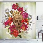 Cortina de chuveiro Ambesonne Skull, Skull and Flowers Day of the Dead Buds Leaves Daisies Camellias Festival Art, conjunto de decoração de banheiro de tecido de tecido com ganchos, 69" L x 84" L, bege fúcsia