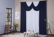 Cortina Paris 3,00 x 2,80 Sala Quarto Decoração com Bando Malha Gel Branco e Azul Marinho