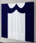 Cortina Paris Com Bando Decorativo Para Sala Em Tecido Malha 2,00m X 1,70m Azul Marinho/Branco