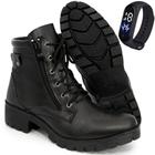 Coturno Bota Feminina Preto Zíper Cadarço Confort Flex Couro + Relógio De Pulso