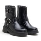 Coturno Feminino Preto Bota Tratorada Biker Boots Com Fivelas