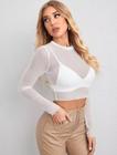 Cropped Blusa Feminina Tule Transparente Manga Longa Balada