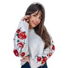 Cropped Blusa Moletom Inverno Bordado Flores Gola Redonda