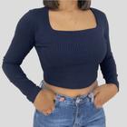 Cropped Canelado Feminino Blusa Manga Longa Decote Quadrado Canelado