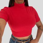 Cropped Feminino Gola Alta Manga Curta Canelado Blusinha Meia Estação