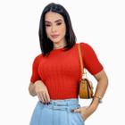 Cropped Feminino Tricot Modal Trança Manga Curta Elegante