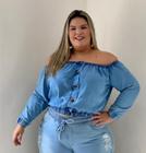 Cropped Jeans Ciganinha Plus Size com Botões Dourados