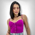 Cropped Top Alcinha Neoprene Botões Feminina Moda Blogueira