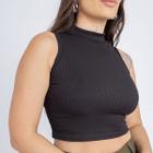 Cropped Top Feminino Casual Gola Alta Canelado Verão Premium