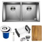 Cuba Dupla Quadrada Inox 304 Cozinha Pia Embutir Gourmet 78x40 Premium Lixeira Embutir 5L, Tábua Multiuso e Acessórios