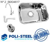 Cuba Pia Cozinha nº2 56x34x17 INOX POLIDA + SIFÃO +VÁLVULA +TORNEIRA BANCADA RAINHA - Poli-Steel