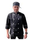 Dolma preta g com friso e botão branco manga 3/4 unissex chef jaleco cozinha