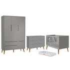 Dormitório Completo Infantil Theo 3 Portas, Cômoda 6 Gavetas, Berço Cinza Fosco com Pés Amadeirado e