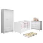 Dormitório Doce Sonho 3 Portas, Cômoda 1 Porta, Berço Mini Cama Branco com Rodízio e Colchão D18 - Qmovi