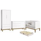 Dormitório Infantil Classic 2 Portas, Cômoda 1 Porta, Berço Branco com Pés Amadeirado e Colchão D18 - Reller Móveis