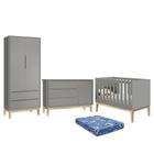 Dormitório Infantil Classic 2 Portas, Cômoda 1 Porta, Berço Cinza Fosco com Pés Madeira Natural e Colchão - Reller Móveis