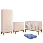 Dormitório Infantil Classic 2 Portas, Cômoda 3 Gavetas, Berço Rosa com Pés Amadeirado e Colchão - Reller Móveis