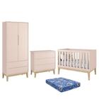 Dormitório Infantil Classic 2 Portas, Cômoda 3 Gavetas, Berço Rosa Fosco com Pés Madeira Natural e Colchão - Reller Móveis