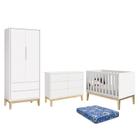 Dormitório Infantil Classic 2 Portas, Cômoda 6 Gavetas, Berço Branco Fosco com Pés Madeira Natural e Colchão - Reller Móveis