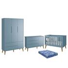 Dormitório Infantil Theo Retrô 3 Portas, Cômoda 1 Porta, Berço Azul com Pés Amadeirado e Colchão - Reller Móveis