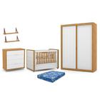 Dormitório Tutto 2 Portas, Cômoda, Berço com Capitonê, Colchão Physical e Prateleiras - Matic Móveis