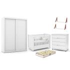 Dormitório Tutto New 2 Portas, Cômoda, Berço Branco Soft com Colchão D18 e Prateleiras - Matic Móveis