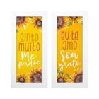 Dupla de Quadros Decorativos Frases Gratidão Girassol Flores Amarelo Gratidão Amor Decoração Hugart 26x28cm