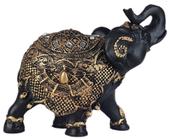 Elefante Indiano Da Sorte M Preto Com Manto Dourado -Resina - Decore Casa